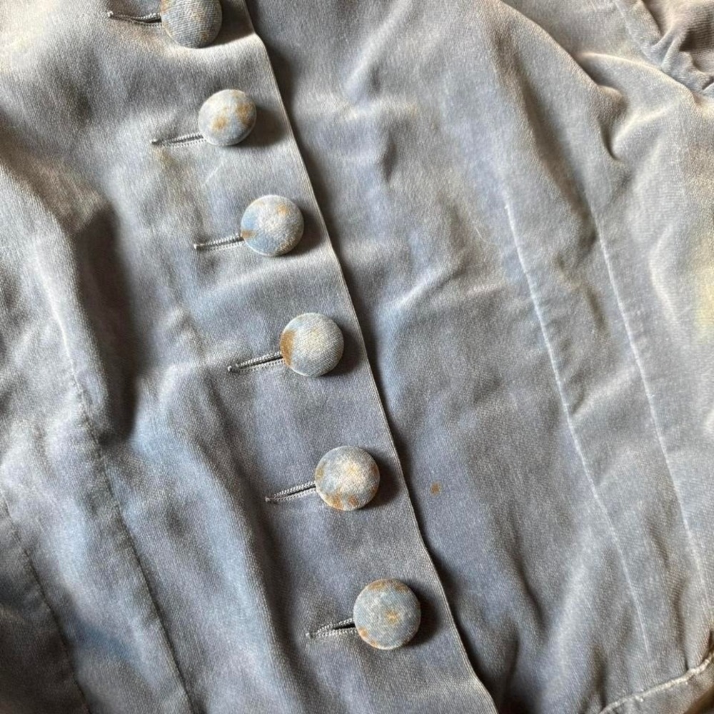 Antique Velvet Blouse XS - AS IS sunfaded covered buttons embroidery blue square - Picture 7 of 8